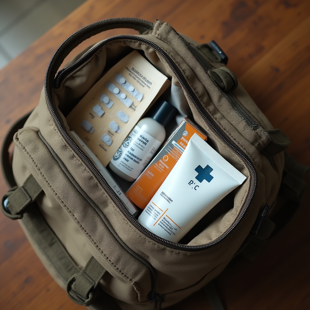 Botiquín de viaje abierto sobre una mochila con elementos básicos de primeros auxilios