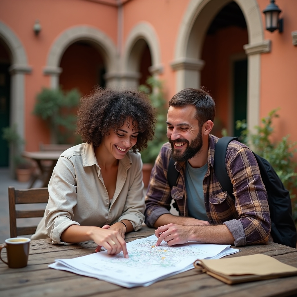 Dos viajeros revisando un mapa de rutas en una mesa de madera