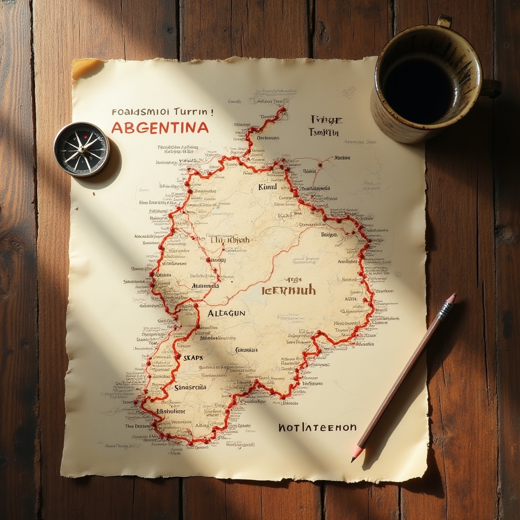 Mapa de ruta dibujado a mano señalando pueblos del noroeste argentino