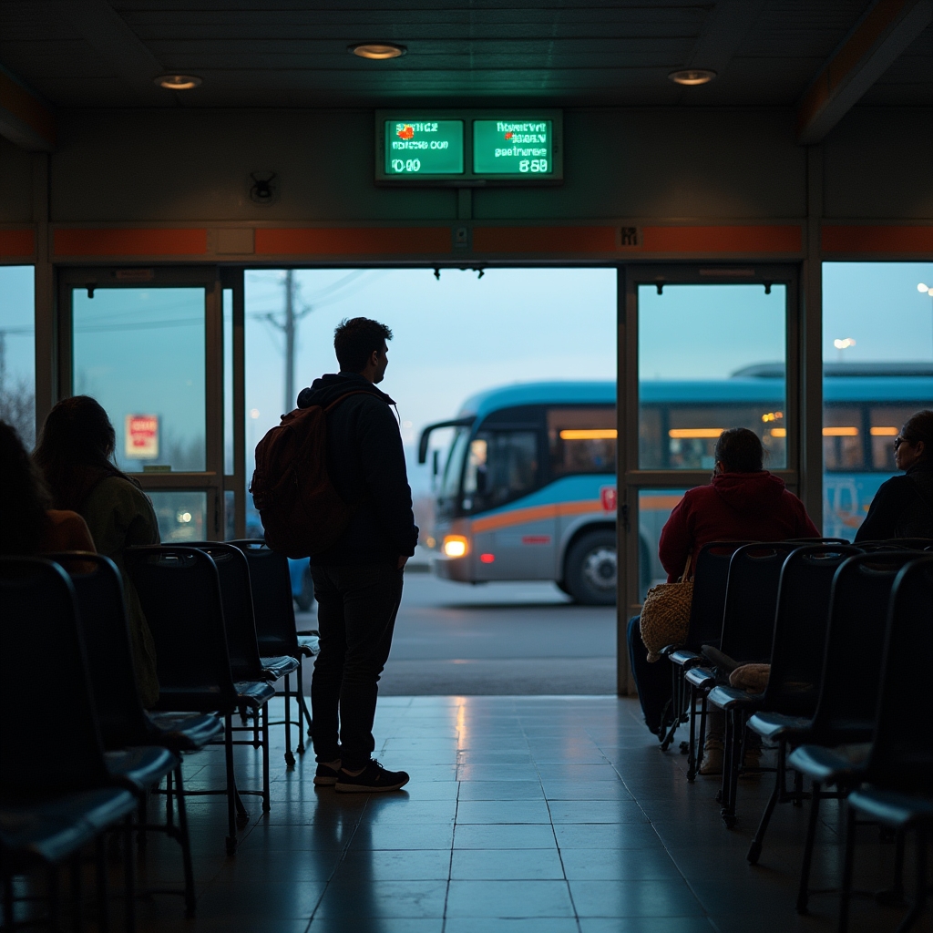 Terminal de ómnibus con pasajeros esperando un viaje de larga distancia
